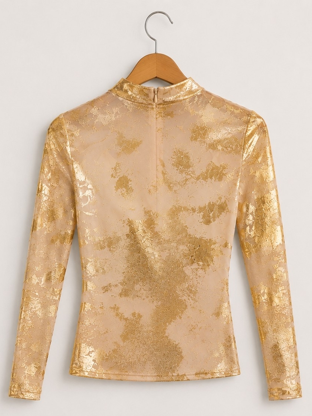 Women’s Gold Foil High-Neck Long-Sleeve Top